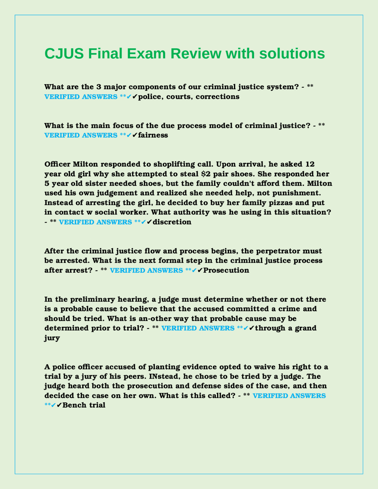 CJUS Final Exam Review with Solutions: Key Concepts and Applications in ...