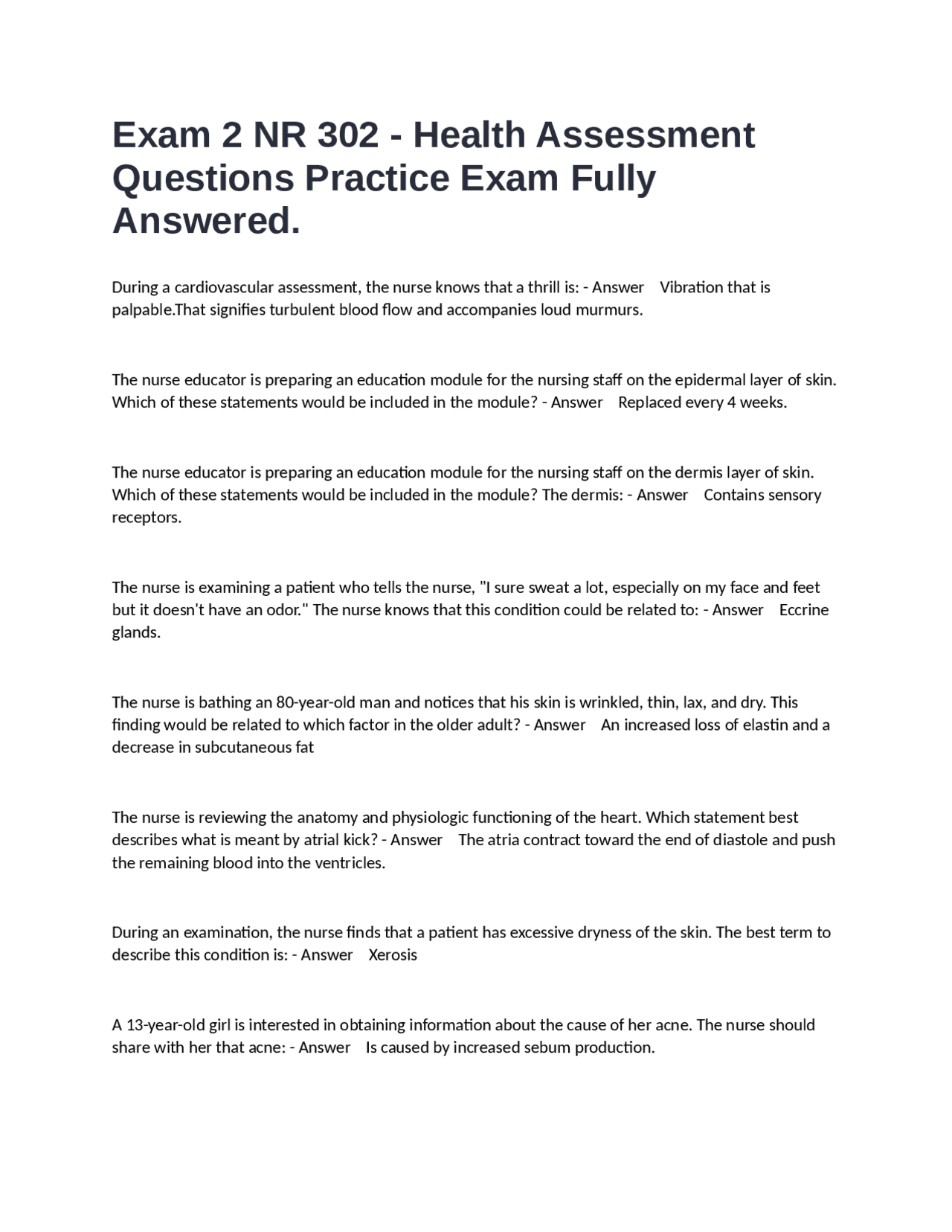 NR 302 - Health Assessment Exam 2 Practice Questions | Exams Nursing ...