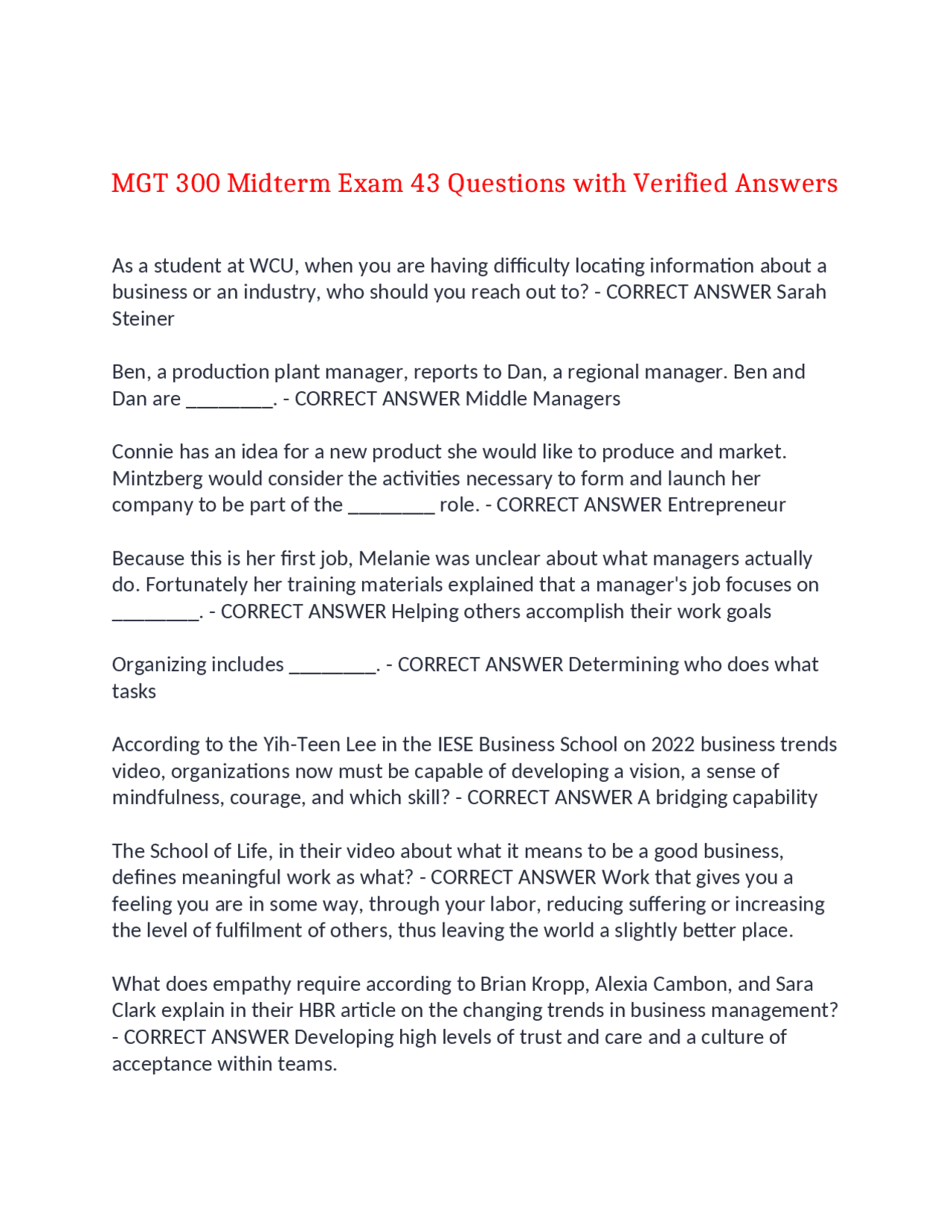MGT 300 Midterm Exam: 43 Questions with Verified Answers | Exams ...