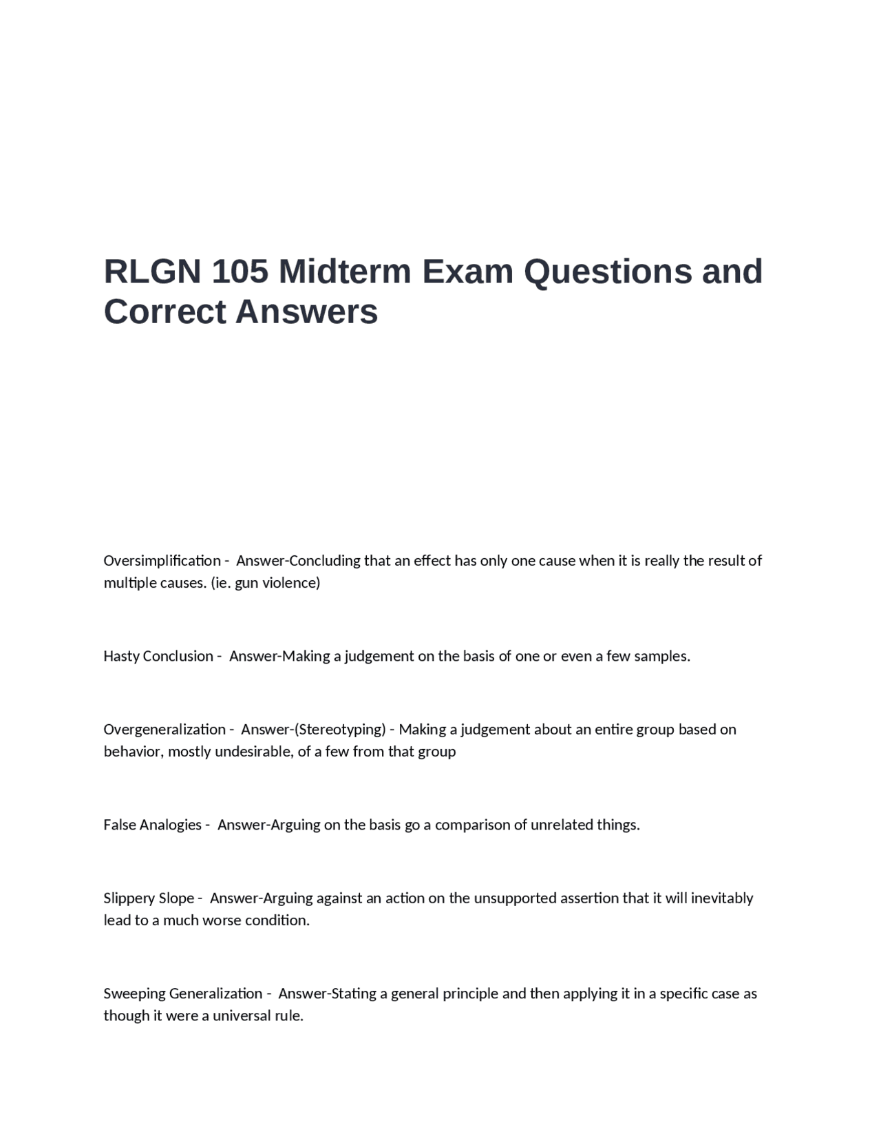 RLGN 105 Midterm Exam Questions and Answers: Critical Thinking and ...