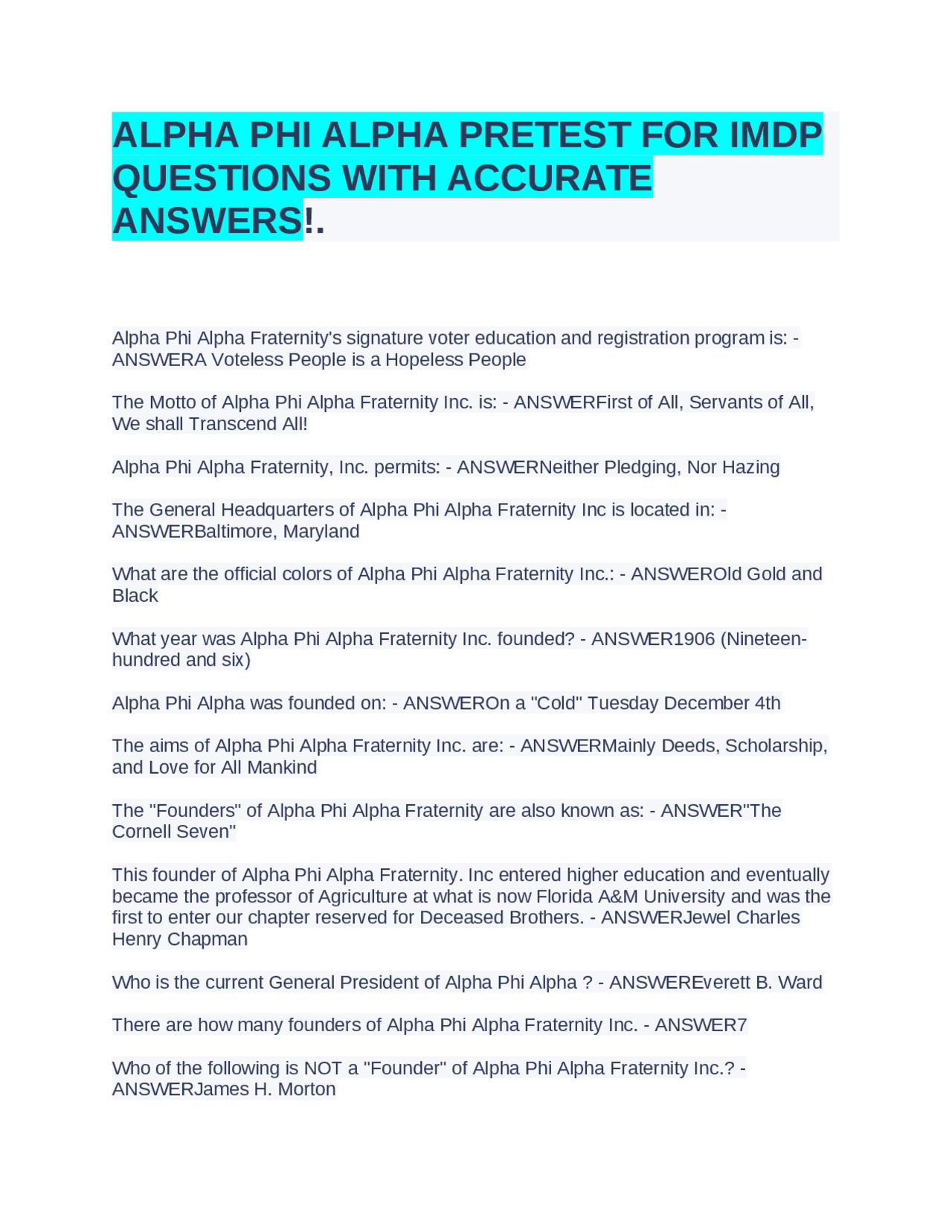 Alpha Phi Alpha Fraternity Pretest for IMDP: Questions and Answers ...