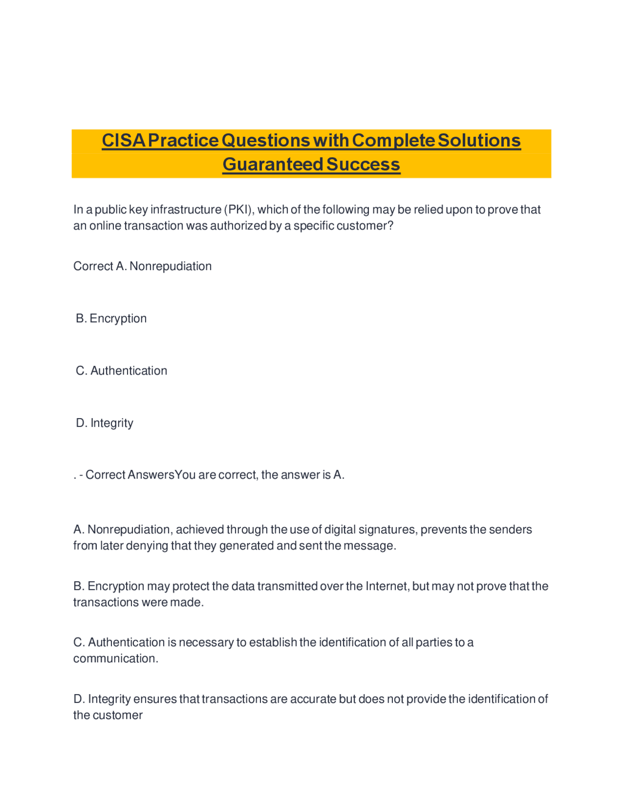 CISA Practice Questions with Complete Solutions Guaranteed Success ...