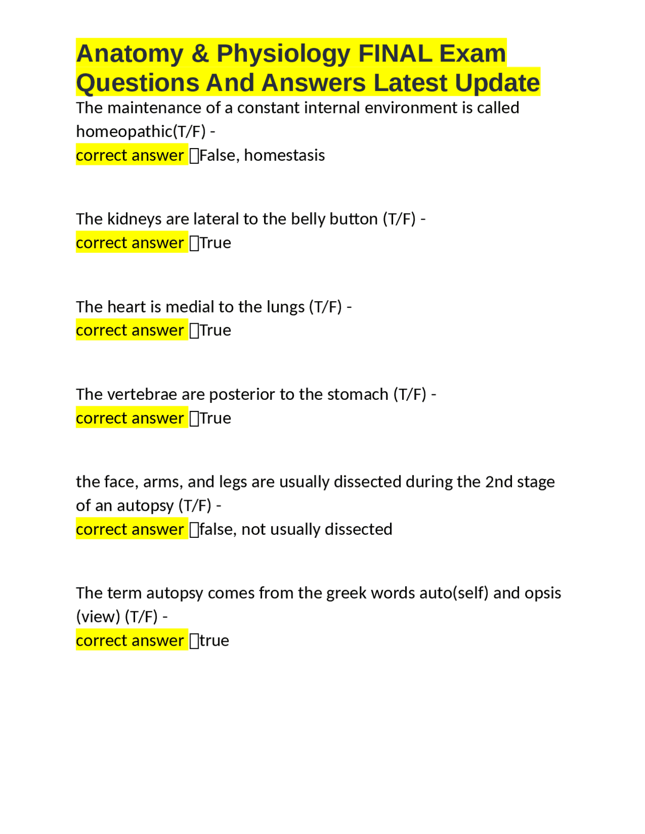 Anatomy & Physiology FINAL Exam Questions And Answers Latest Update ...