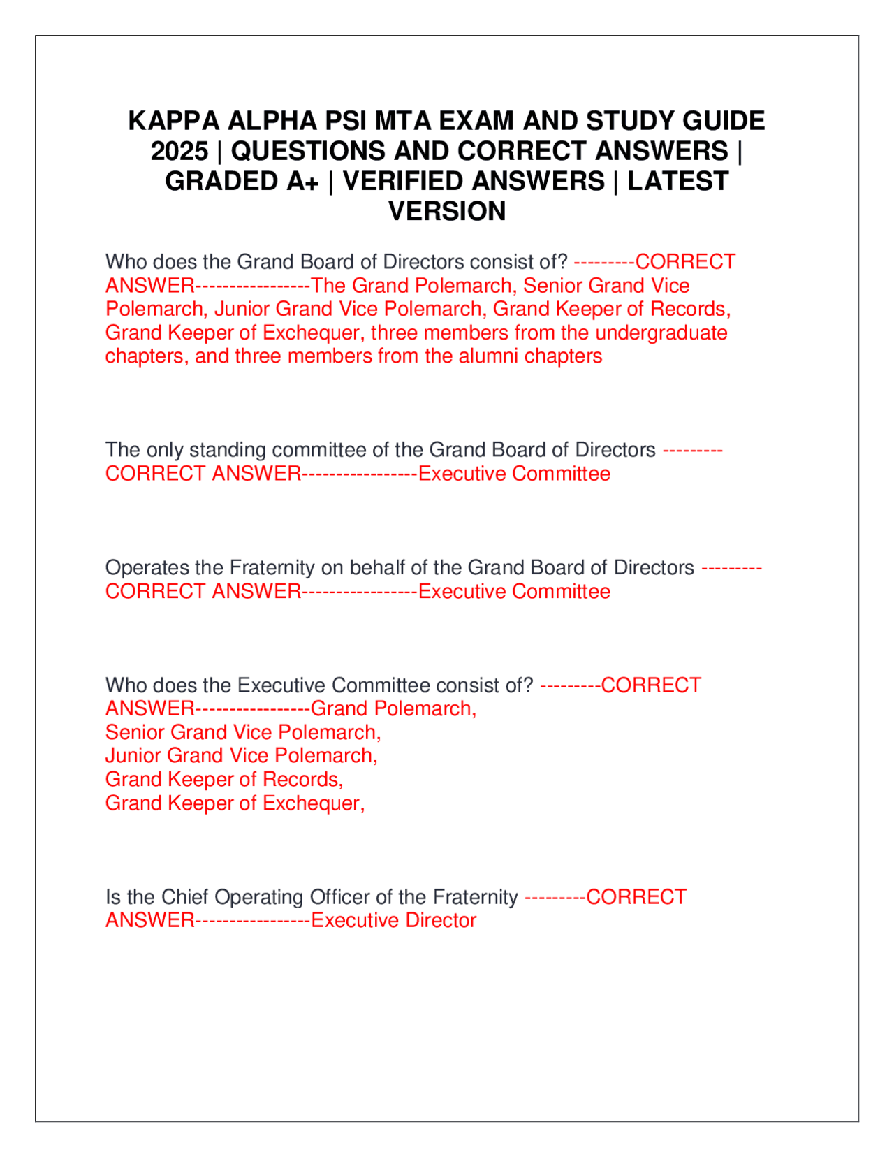 KAPPA ALPHA PSI MTA EXAM AND STUDY GUIDE 2025 | QUESTIONS AND CORRECT ...