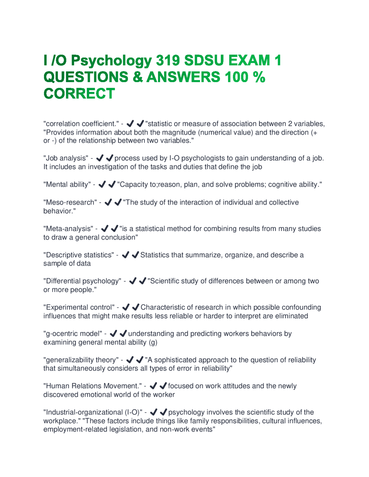 I/O Psychology 319 SDSU EXAM 1 Questions & Answers Exams Advanced