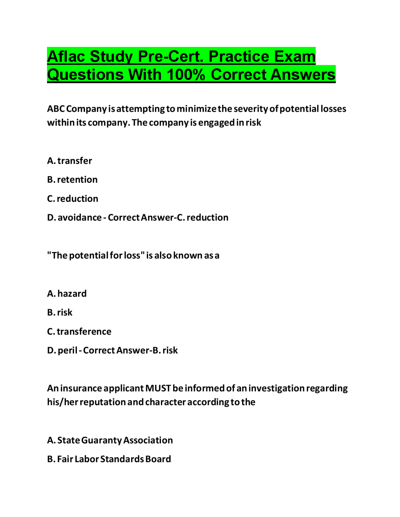 Aflac Study Pre-Cert. Practice Exam: Questions and Answers | Exams ...
