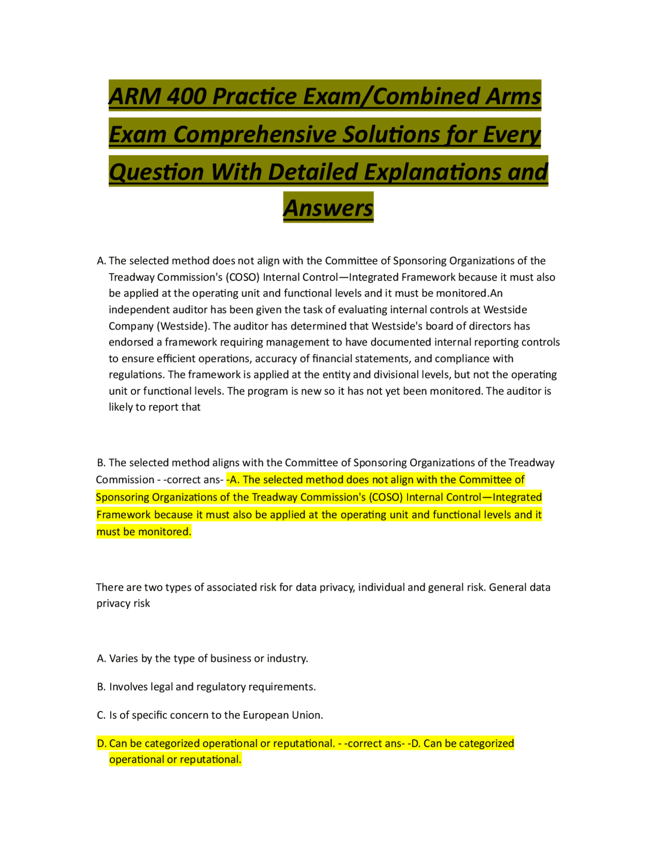 ARM 400 Practice Exam: Combined Arms Exam Comprehensive Solutions ...