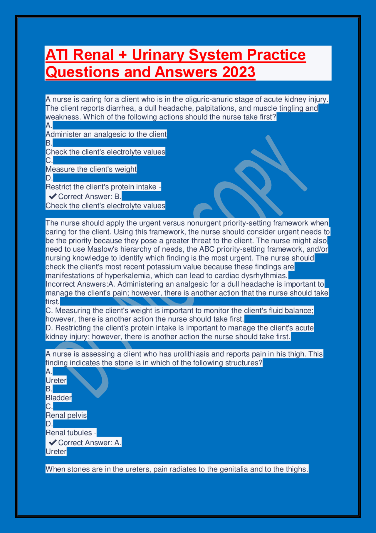 ATI Renal + Urinary System Practice Questions and Ans | Exams Nursing ...