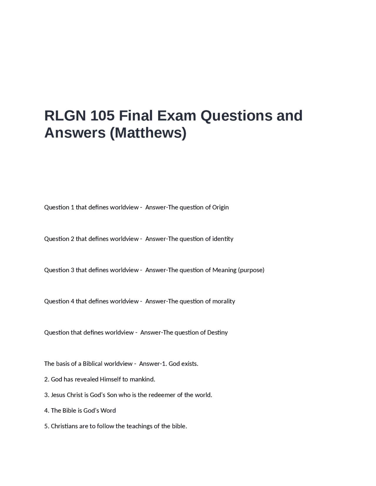 RLGN 105 Final Exam Questions and Answers (Matthews) | Exams Nursing ...