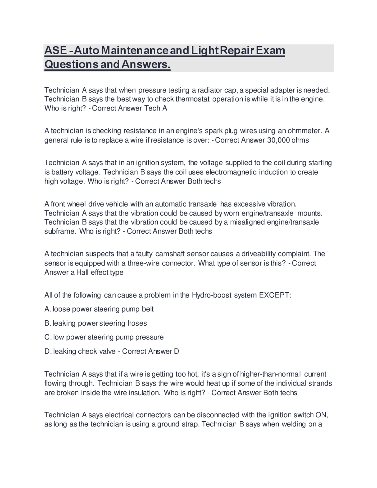 ASE - Auto Maintenance and Light Repair Exam Questions and Answers ...
