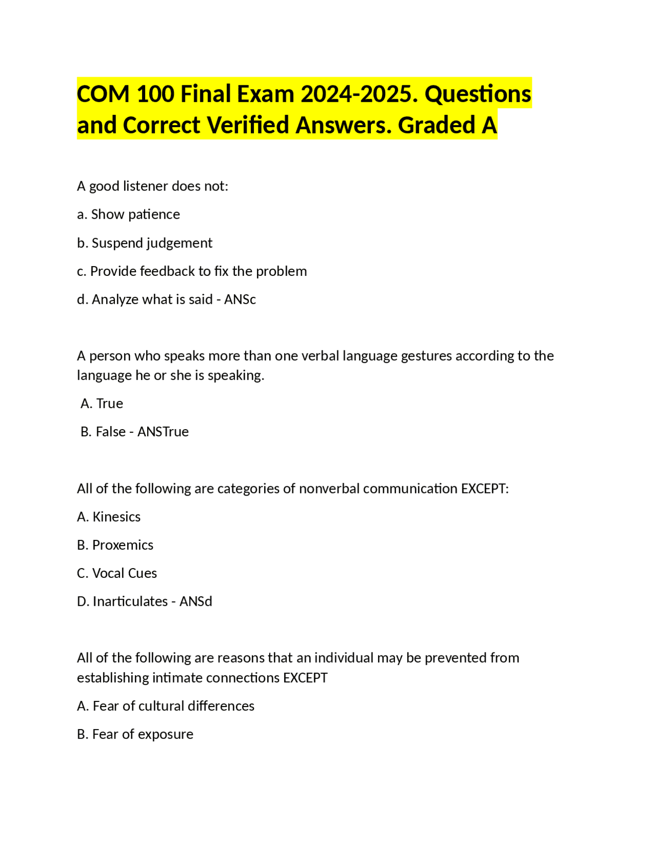 COM 100 Final Exam 2024-2025: Questions and Answers | Exams ...