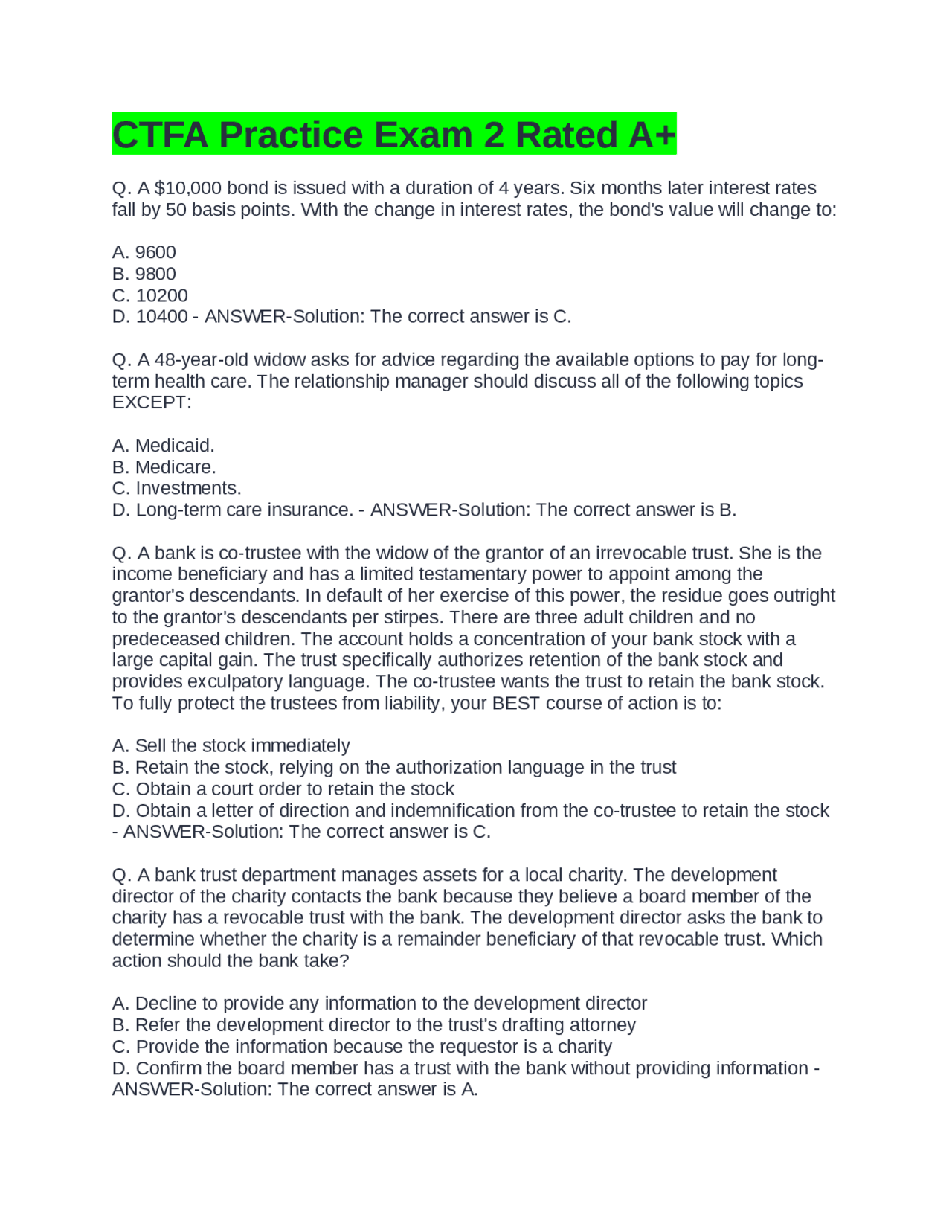 CTFA Practice Exam 2: Multiple Choice Questions and Answers | Exams ...