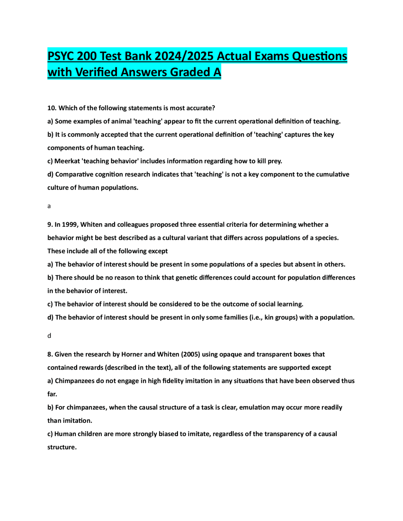 PSYC 200 Test Bank 2024/2025 Actual Exams Questions with Verified ...