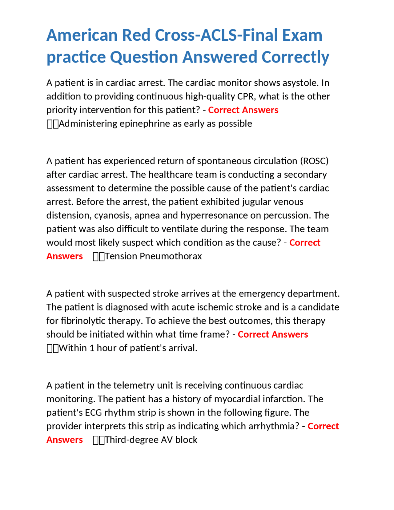 American Red Cross ACLS Final Exam Practice Questions and Answers ...