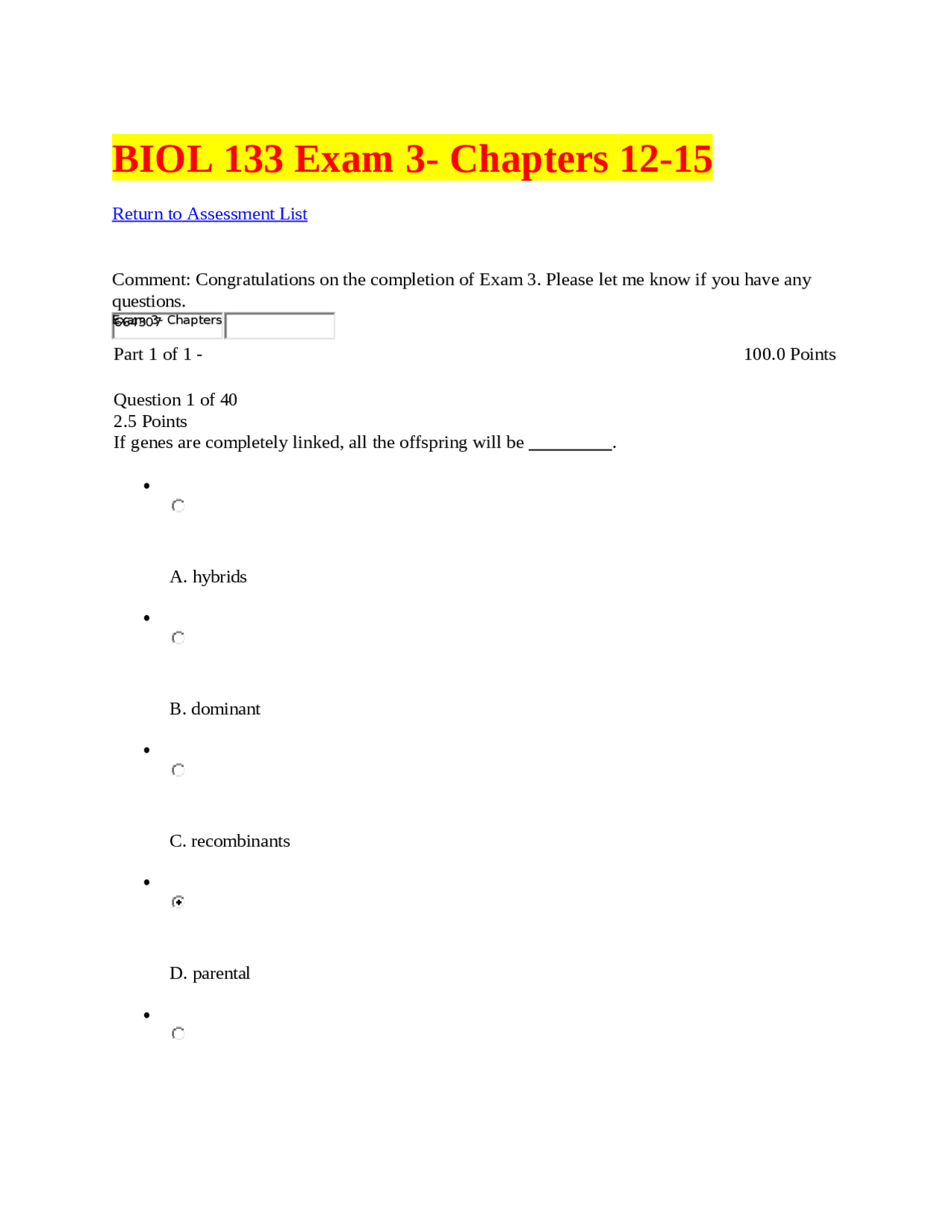 BIOL 133 Exam 3 - Chapters 12-15: Genetics and Molecular Biology ...