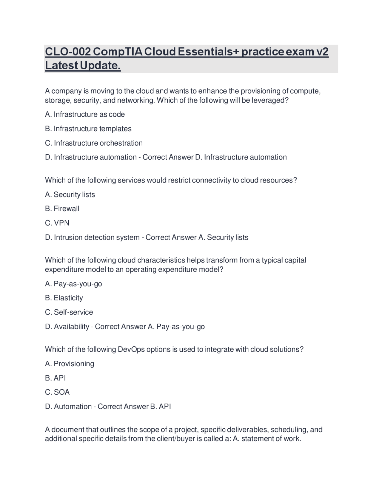 CLO-002 CompTIA Cloud Essentials+ practice exam v2 Latest Update ...