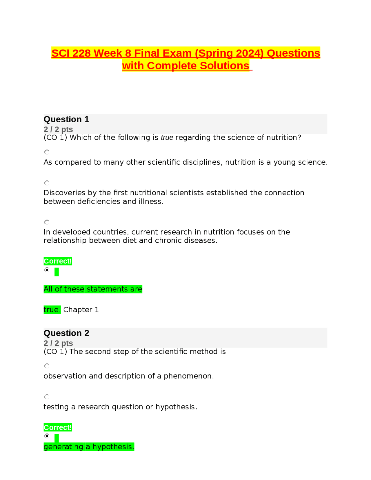 SCI 228 Week 8 Final Exam (Spring 2024) Questions with Complete ...