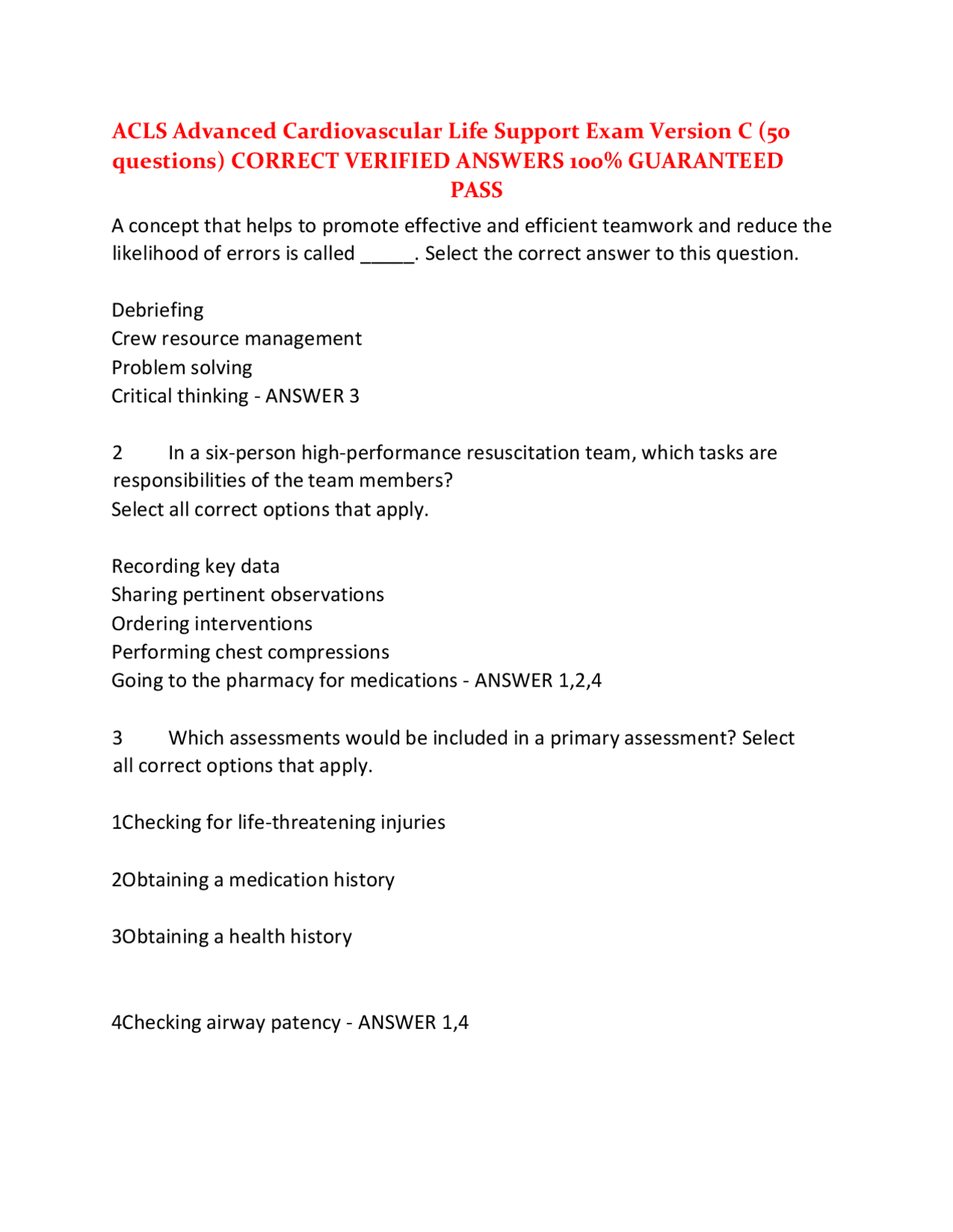 ACLS Advanced Cardiovascular Life Support Exam Version C (50 questions ...