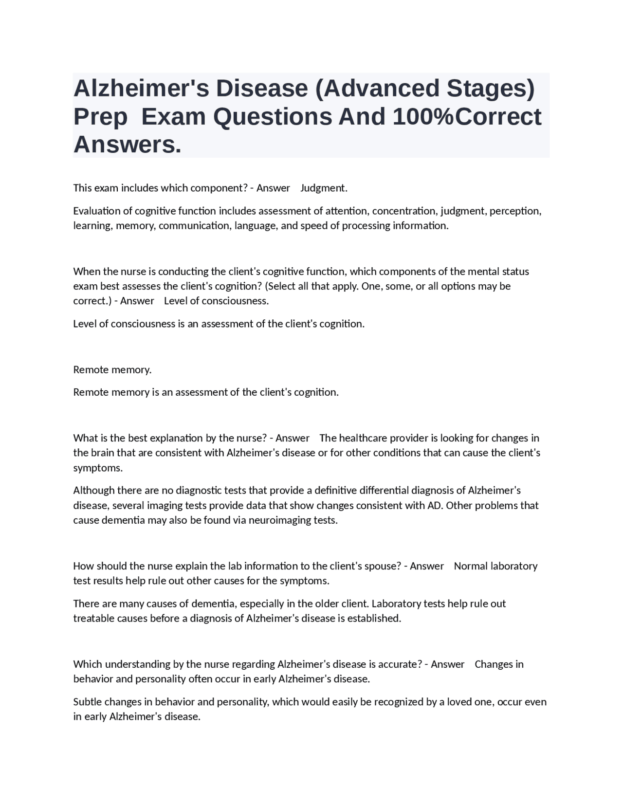 Alzheimer's Disease (Advanced Stages) Prep Exam Questions And 100%Correct Answers. | Exams ...