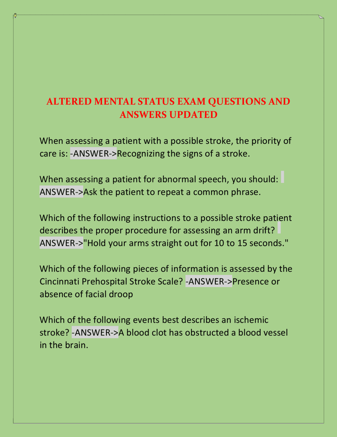 ALTERED MENTAL STATUS EXAM QUESTIONS AND ANSWERS UPDATED | Exams ...