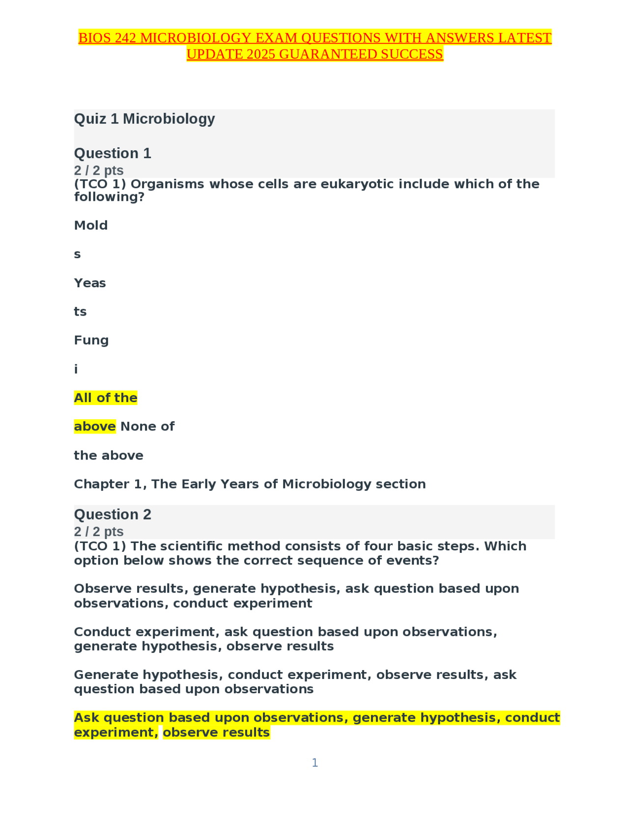 BIOS 242 MICROBIOLOGY EXAM QUESTIONS WITH ANSWERS LATEST UPDATE 2025 ...