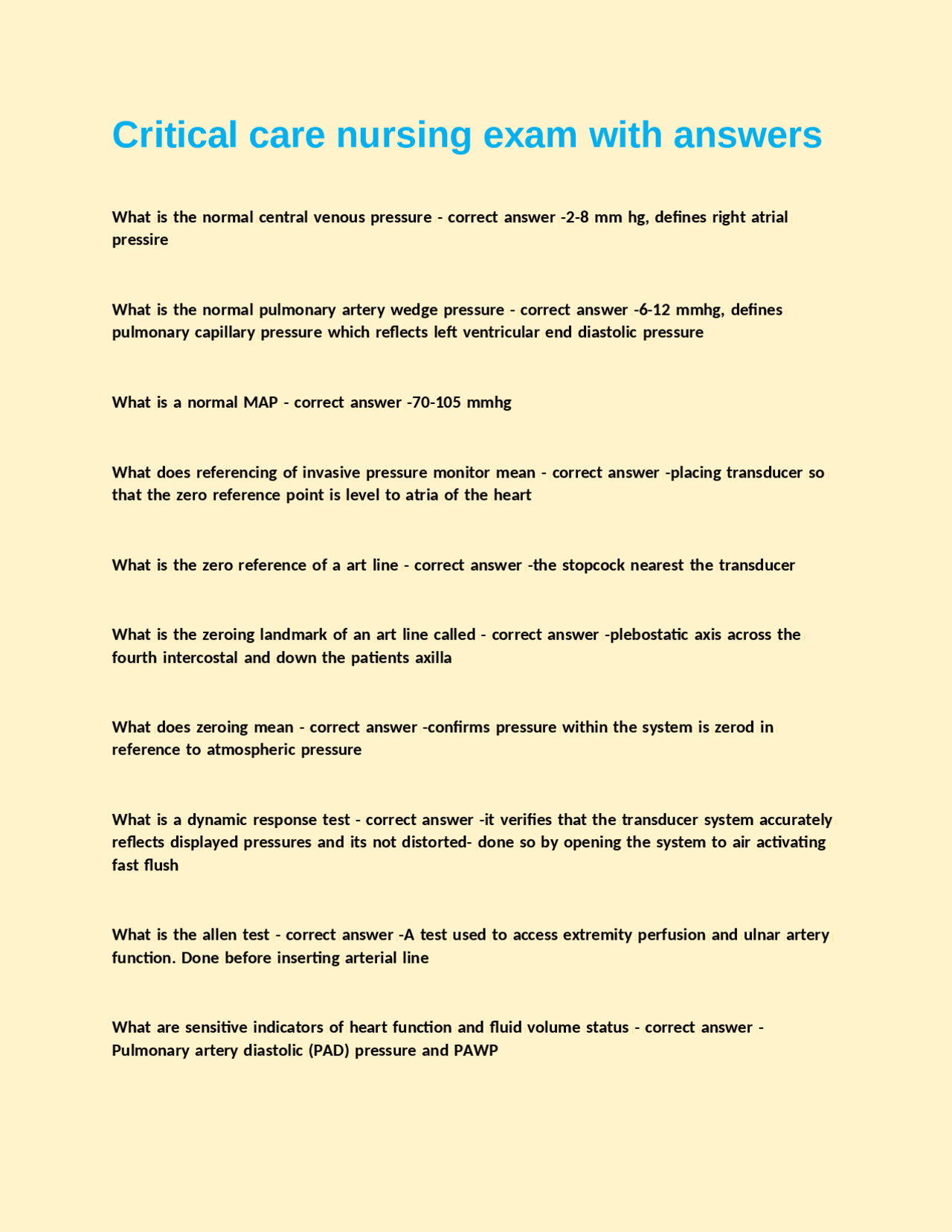 Critical care nursing exam with answers | Exams Nursing | Docsity