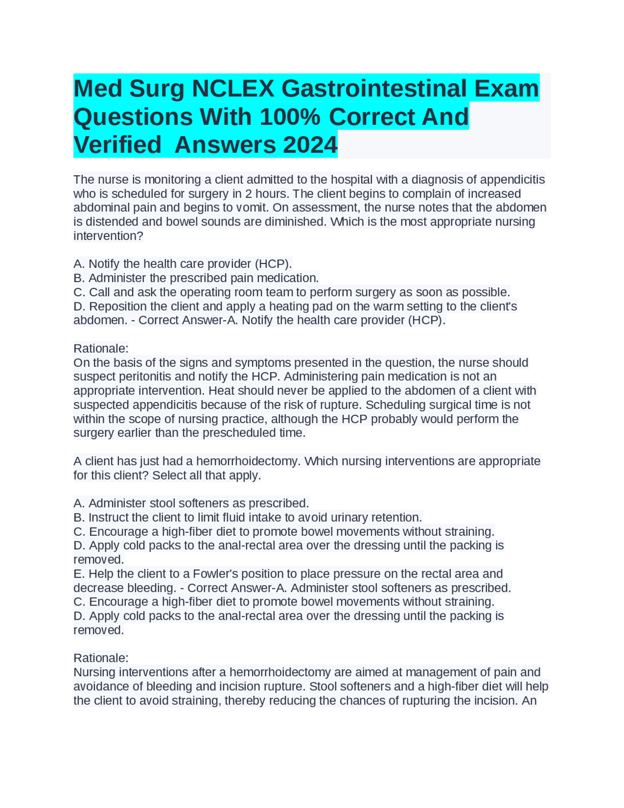 Med Surg NCLEX Gastrointestinal Exam Questions With 100% Correct And ...