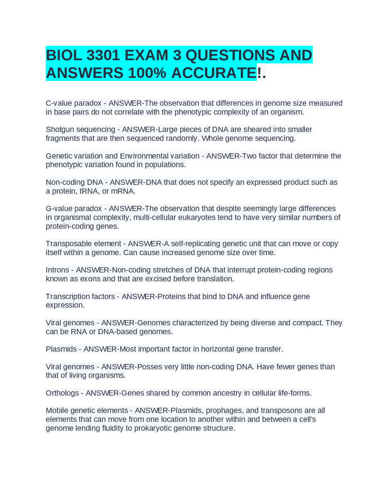 BIOL 3301 Exam 3 Questions and Answers: A Comprehensive Guide to ...