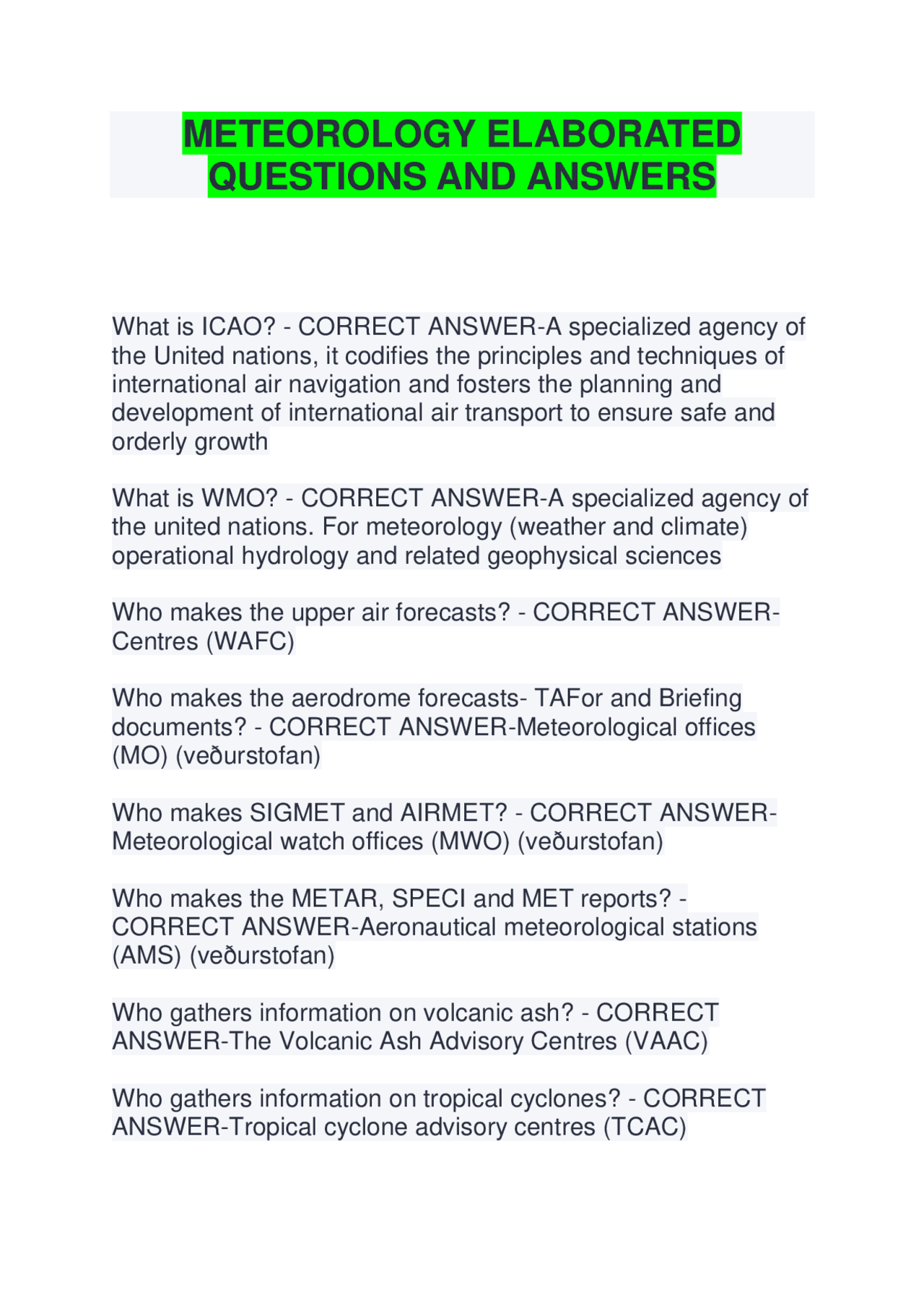 METEOROLOGY ELABORATED QUESTIONS AND ANSWERS | Exams Meteorology | Docsity