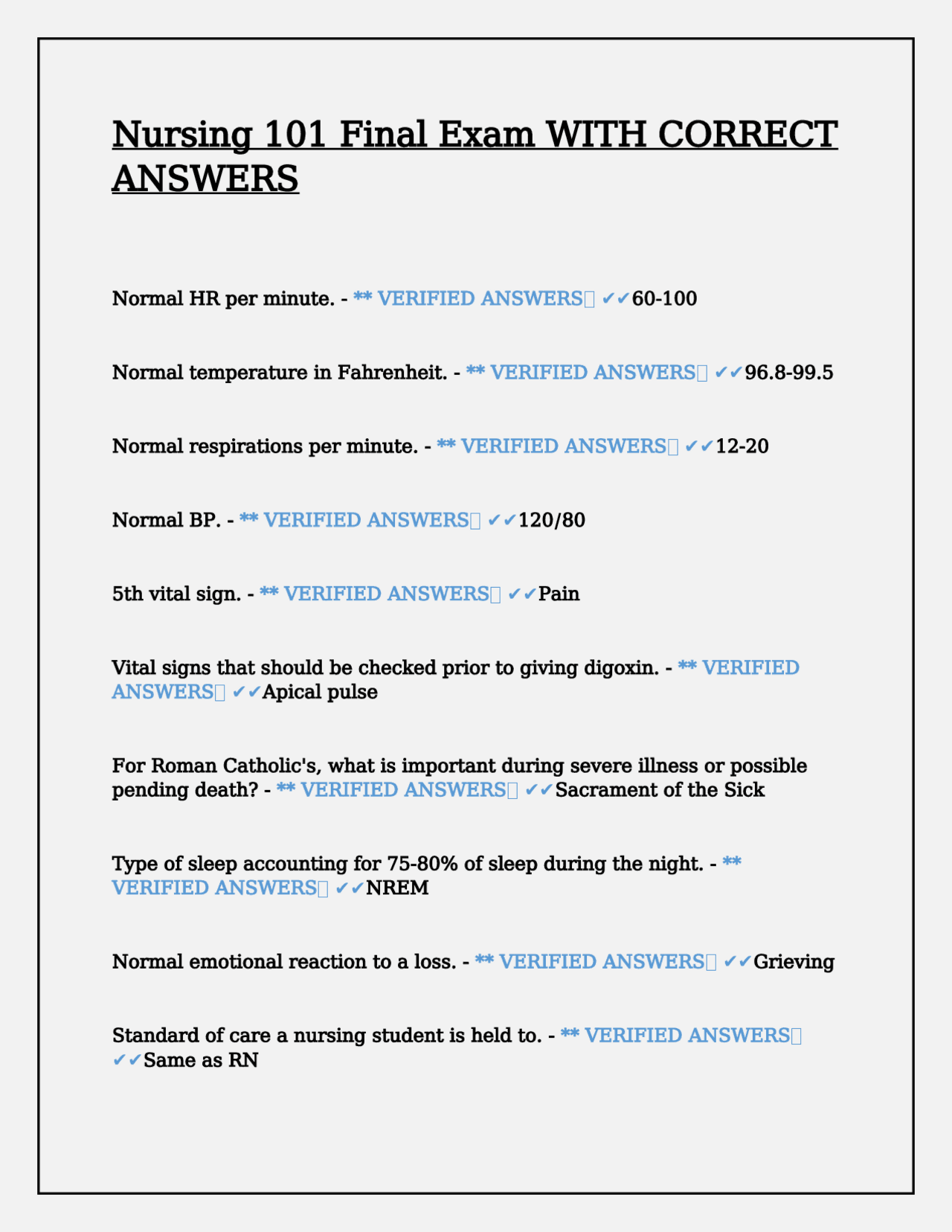 Nursing 101 Final Exam WITH CORRECT ANSWERS | Exams Nursing | Docsity