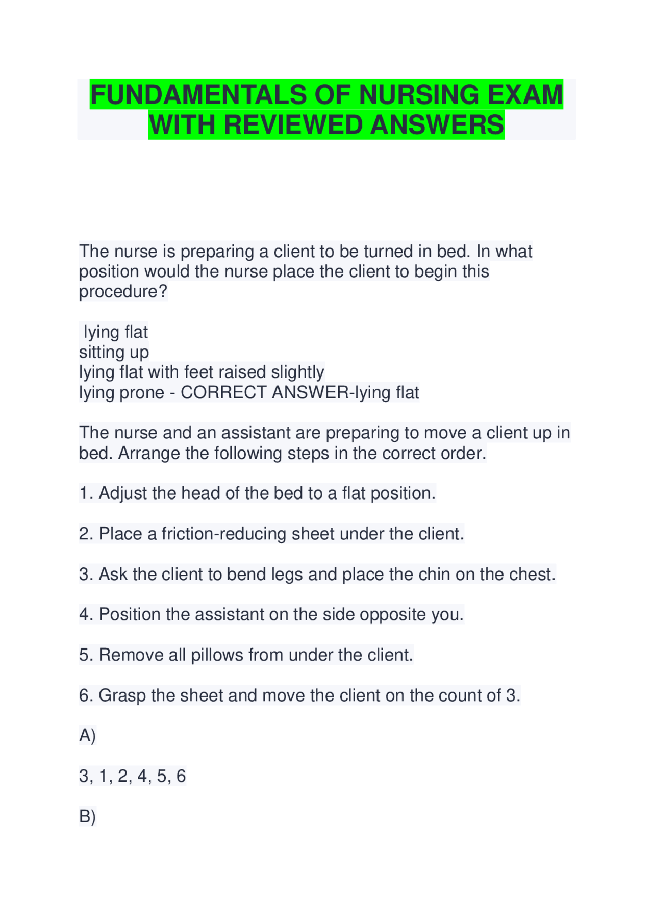 FUNDAMENTALS OF NURSING EXAM WITH REVIEWED ANSWERS | Exams Fundamentals ...