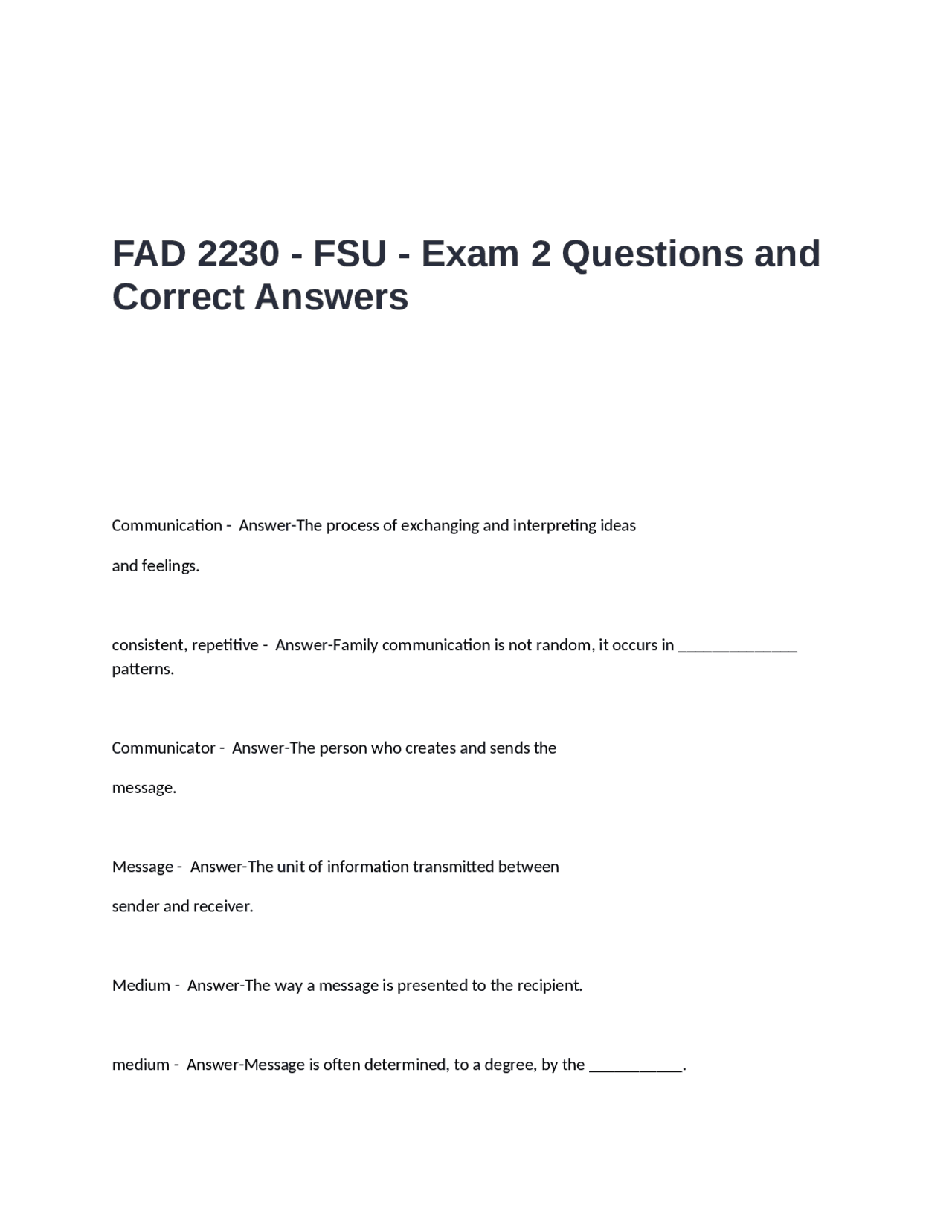 FAD 2230 - FSU - Exam 2 Questions and Answers: Communication and Family ...