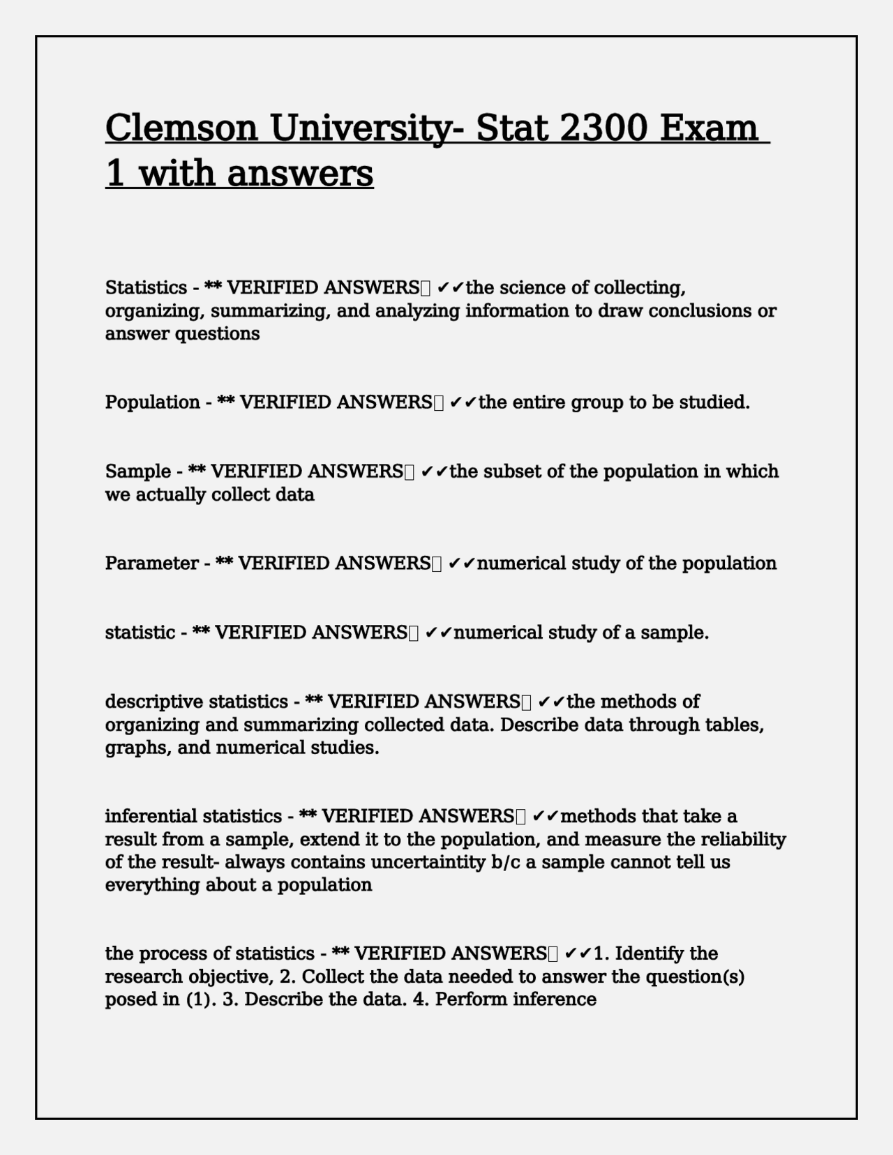 Stat Exman Clemson University Stat 2300 Exam 1 with Answers: Introduction to ...