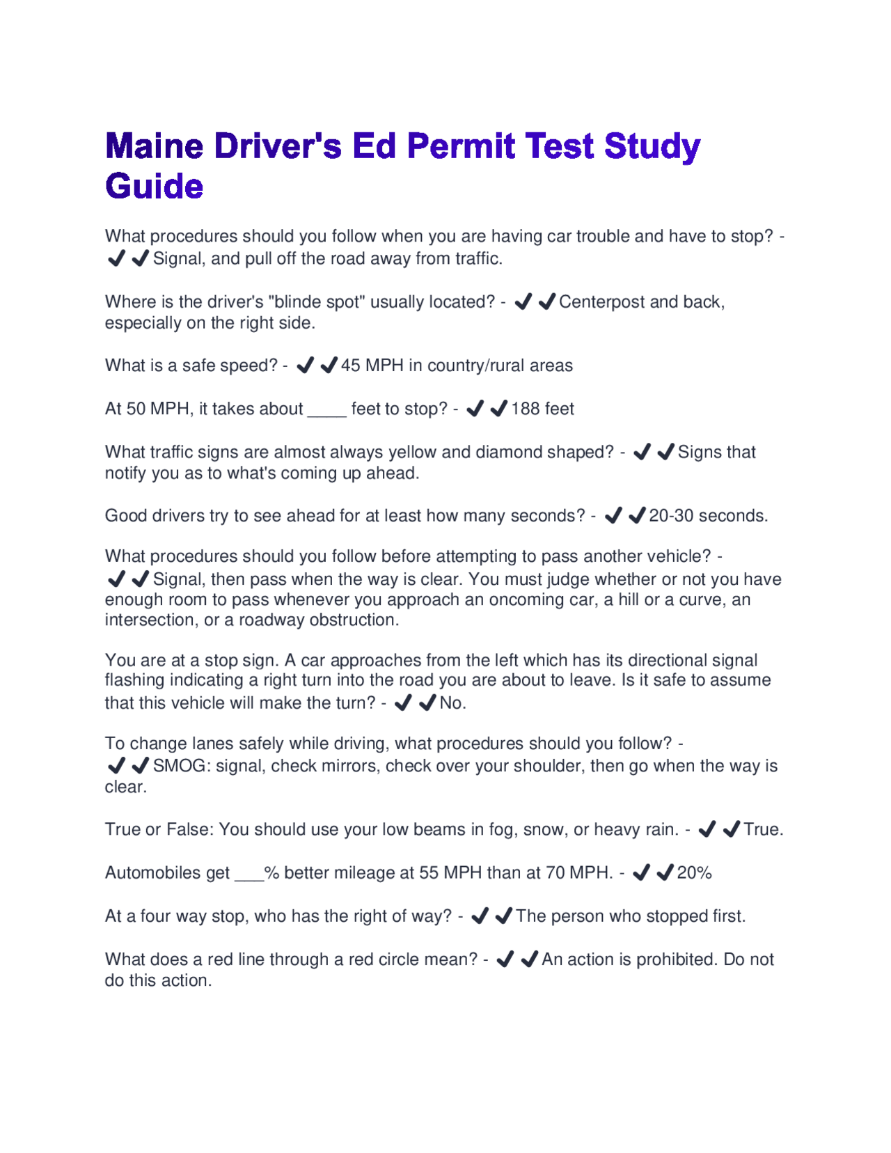 Maine Driver's Ed Permit Test Study Guide (Questions + Answers) Verified 100% Correct!!. | Exams ...