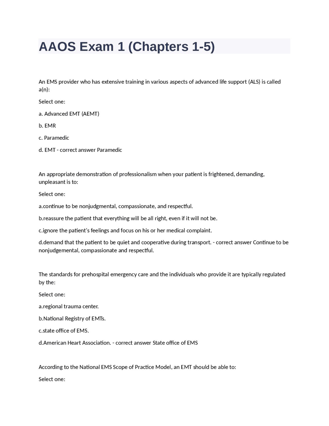 AAOS Exam 1 (Chapters 1-5) questions with answers | Exams Nursing | Docsity