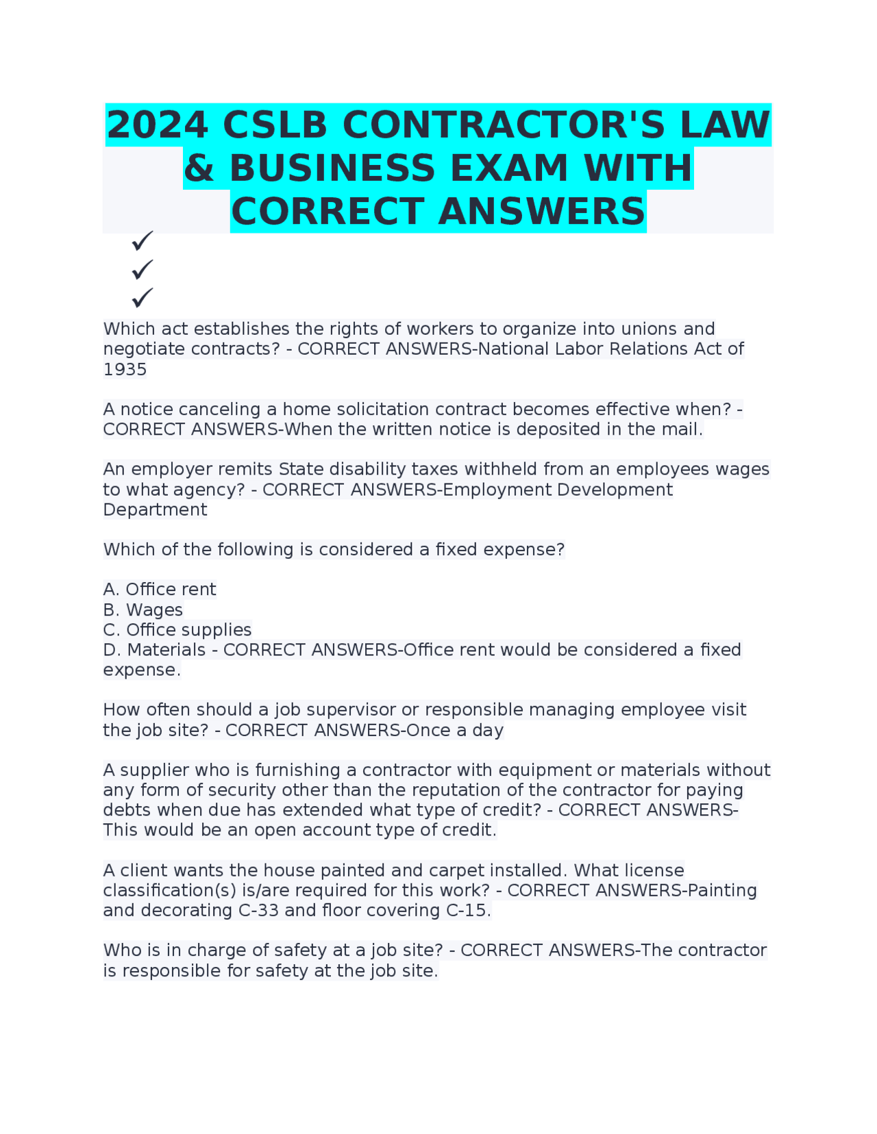 2024 CSLB Contractor's Law & Business Exam with Correct Answers | Exams ...