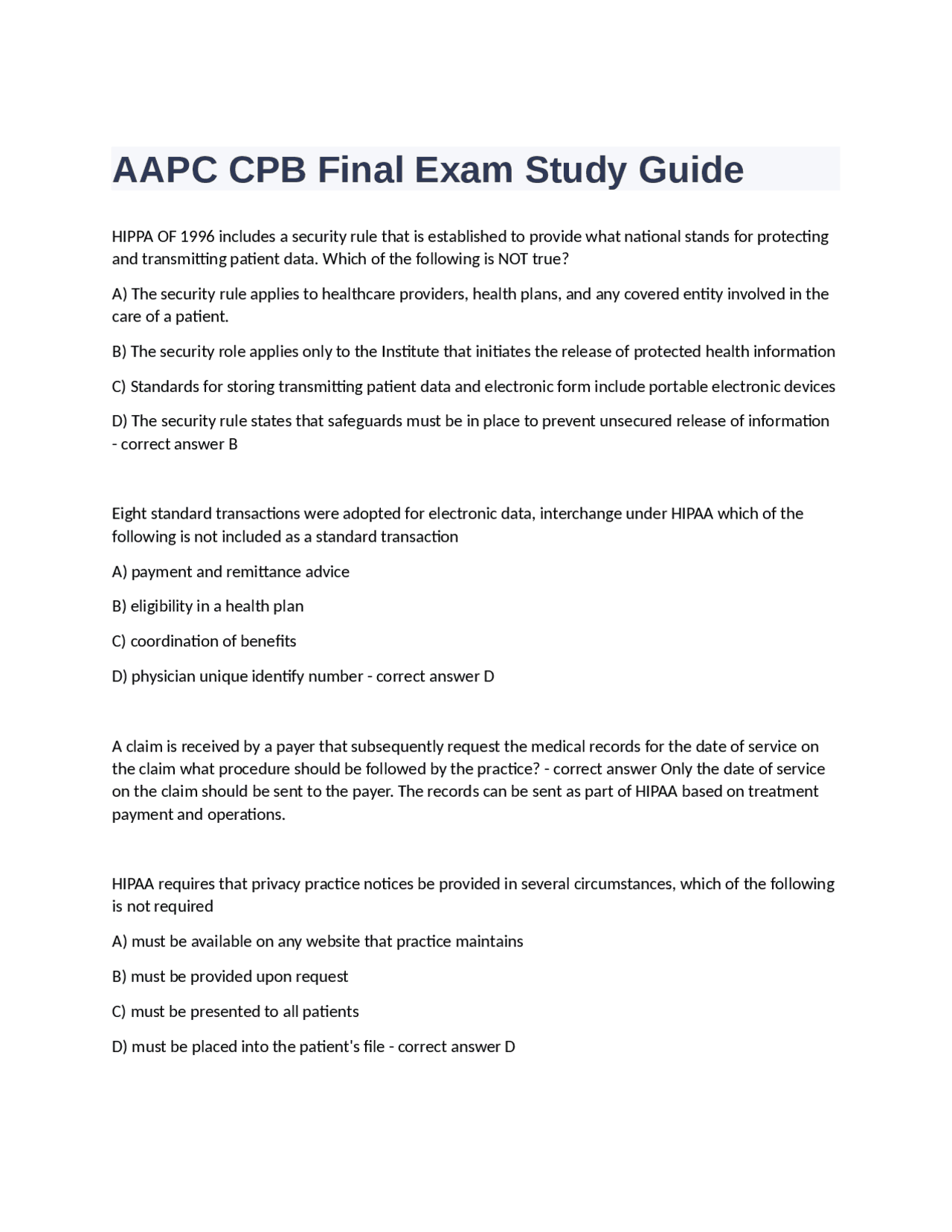 AAPC CPB Final Exam Study Guide: Healthcare Compliance and Billing ...
