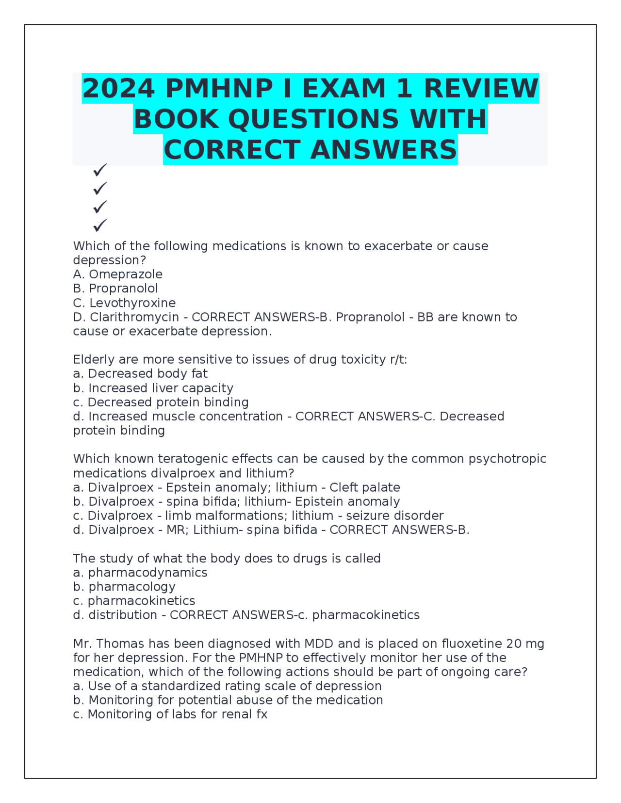2024 PMHNP I EXAM 1 REVIEW BOOK QUESTIONS WITH CORRECT ANSWERS | Exams ...