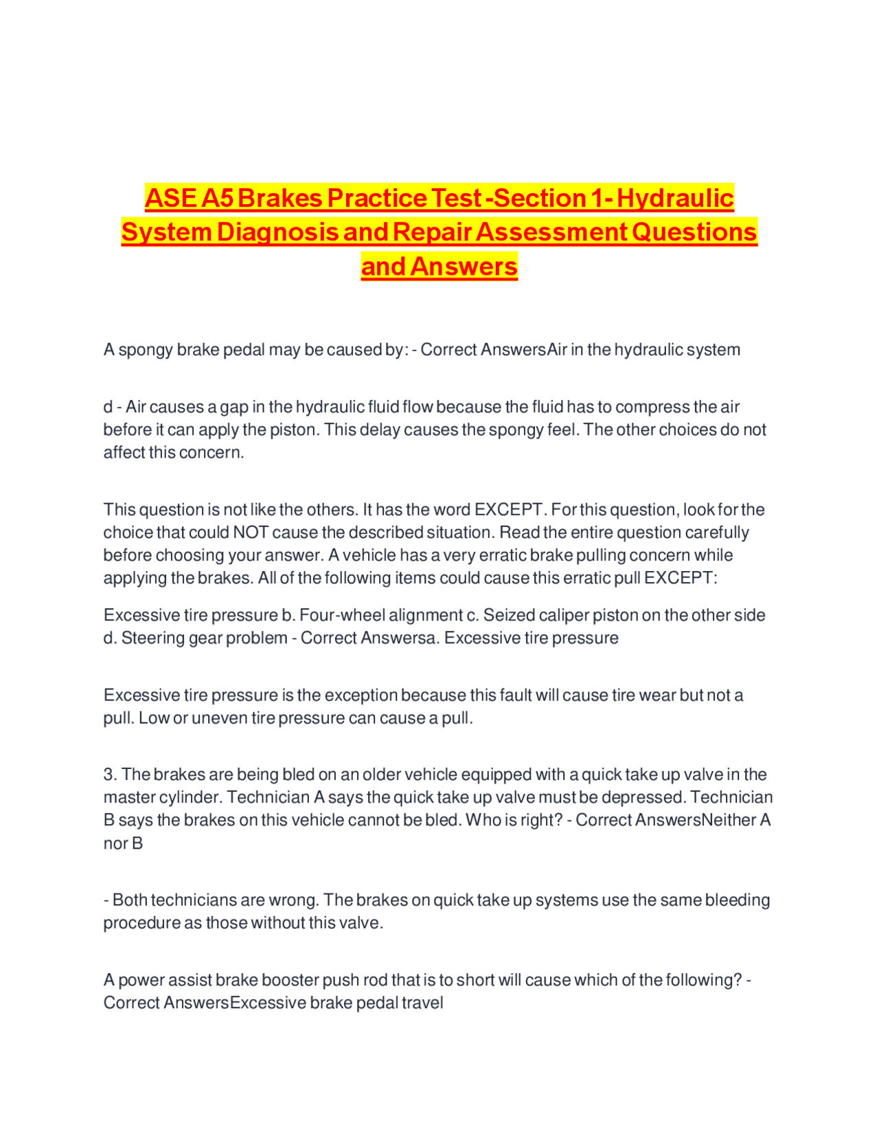 ASE A5 Brakes Practice Test -Section 1- Hydraulic System Diagnosis and ...