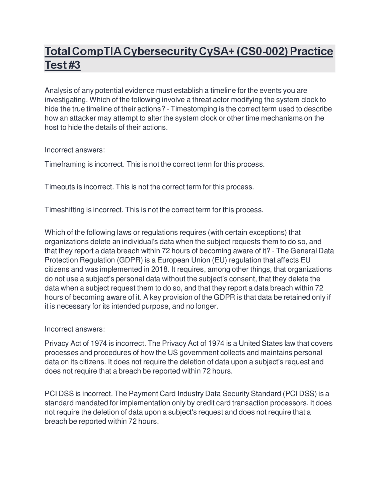 CompTIA CySA+ (CS0-002) Practice Test #3: Cybersecurity Concepts ...