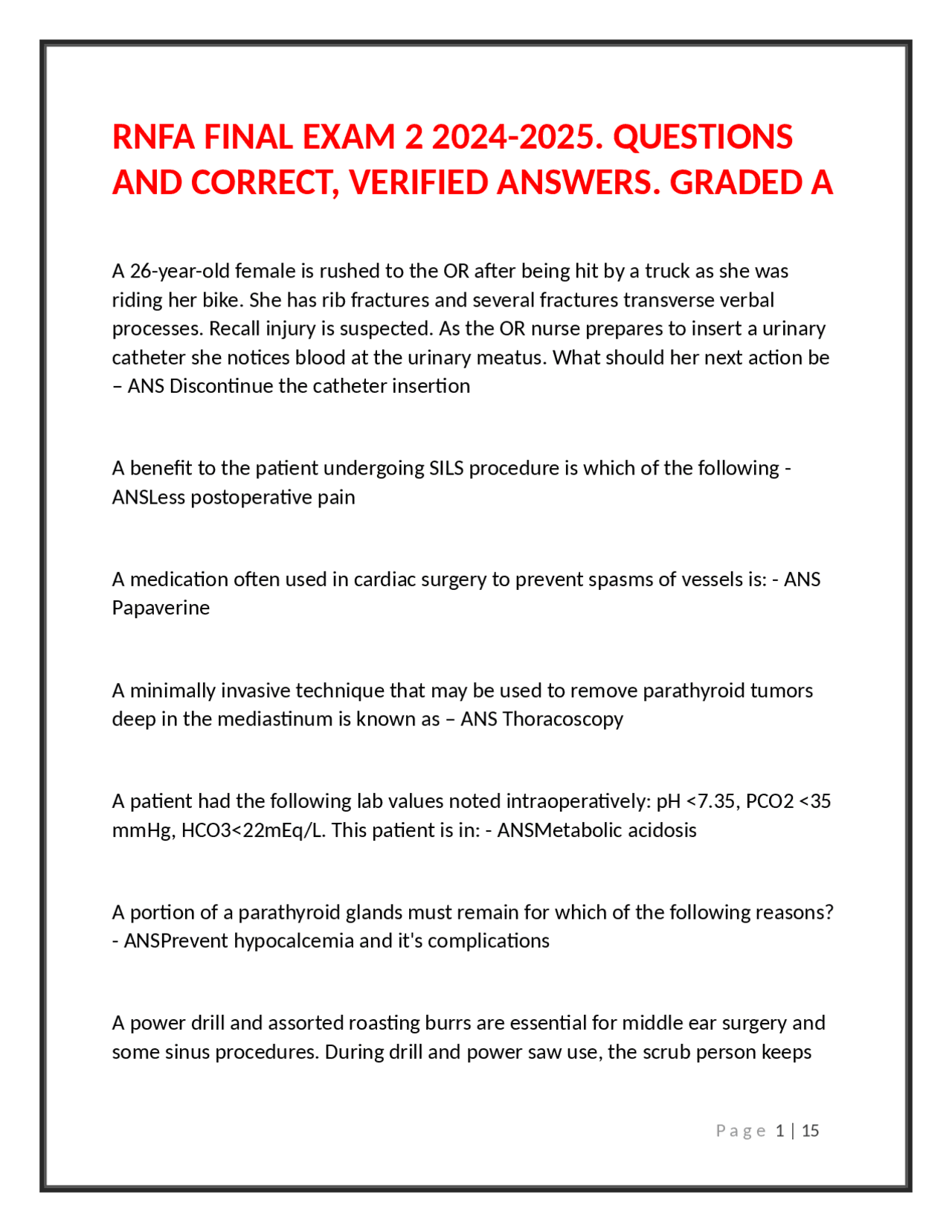 RNFA FINAL EXAM 2 2024-2025. QUESTIONS AND CORRECT, VERIFIED ANSWERS ...