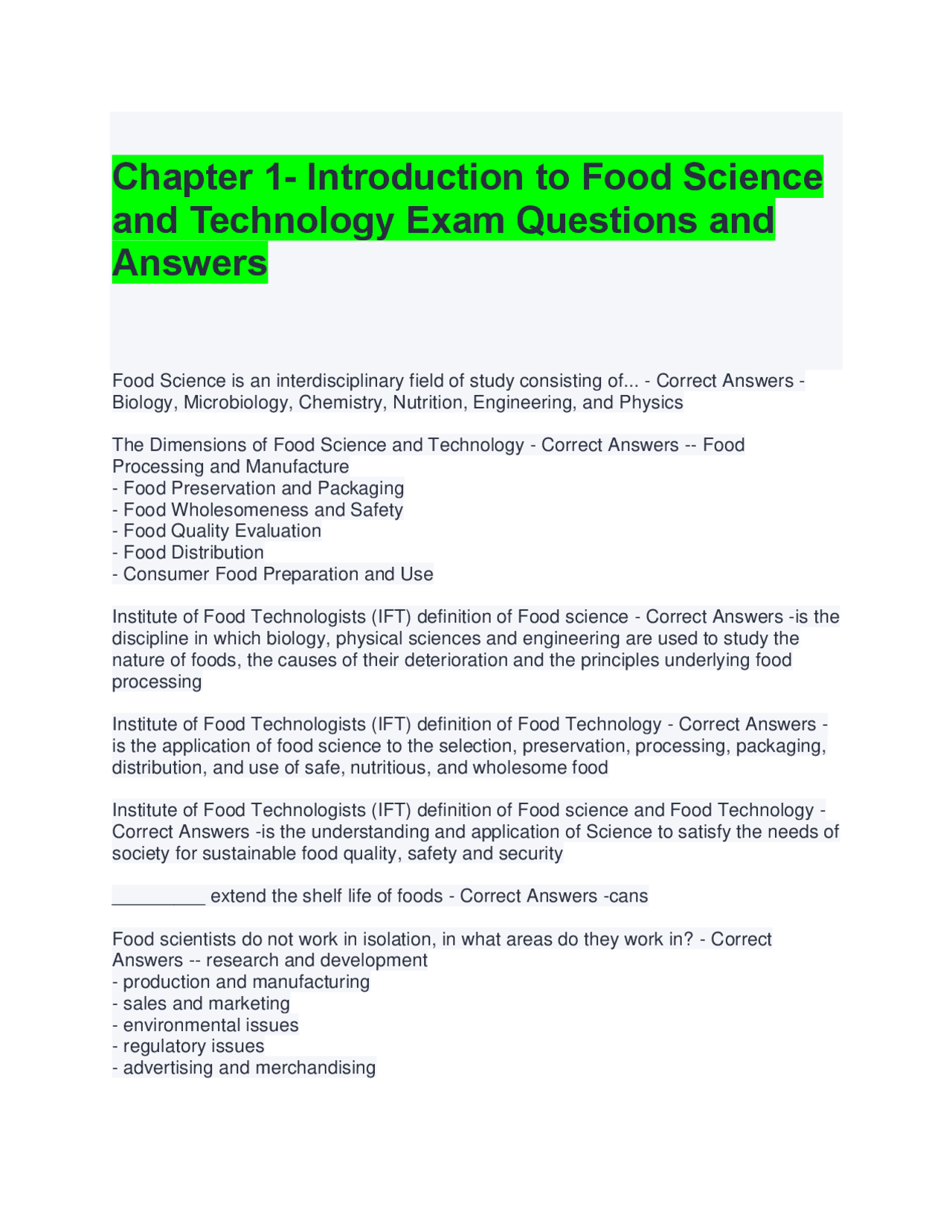 Foodtech Course Quiz Introduction to Food Science and Technology: Exam Questions and Answers ...