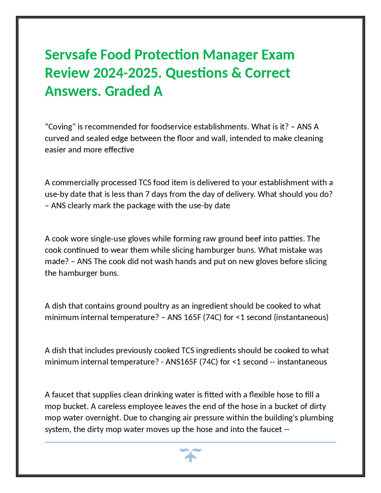 ServSafe Food Protection Manager Exam Review: Questions & Answers ...
