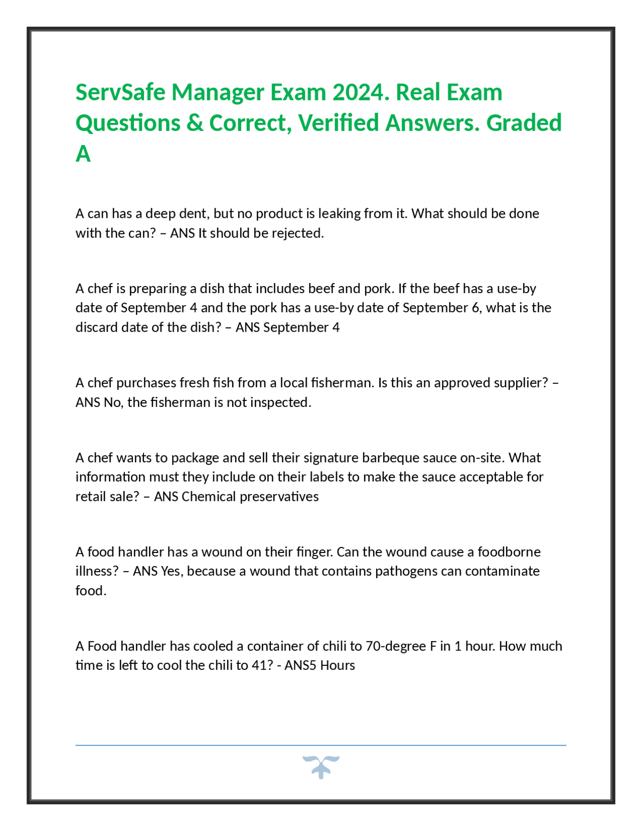 ServSafe Manager Exam 2024: Real Exam Questions and Answers | Exams ...