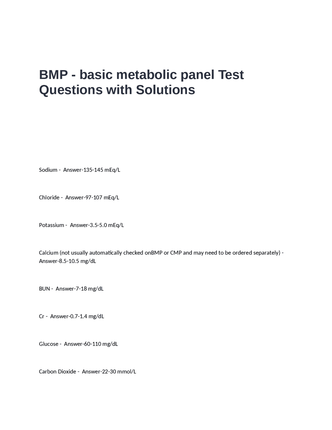 Bmp Lab BMP (Basic Metabolic Panel) Test: Questions and Answers | Exams Nursing ...