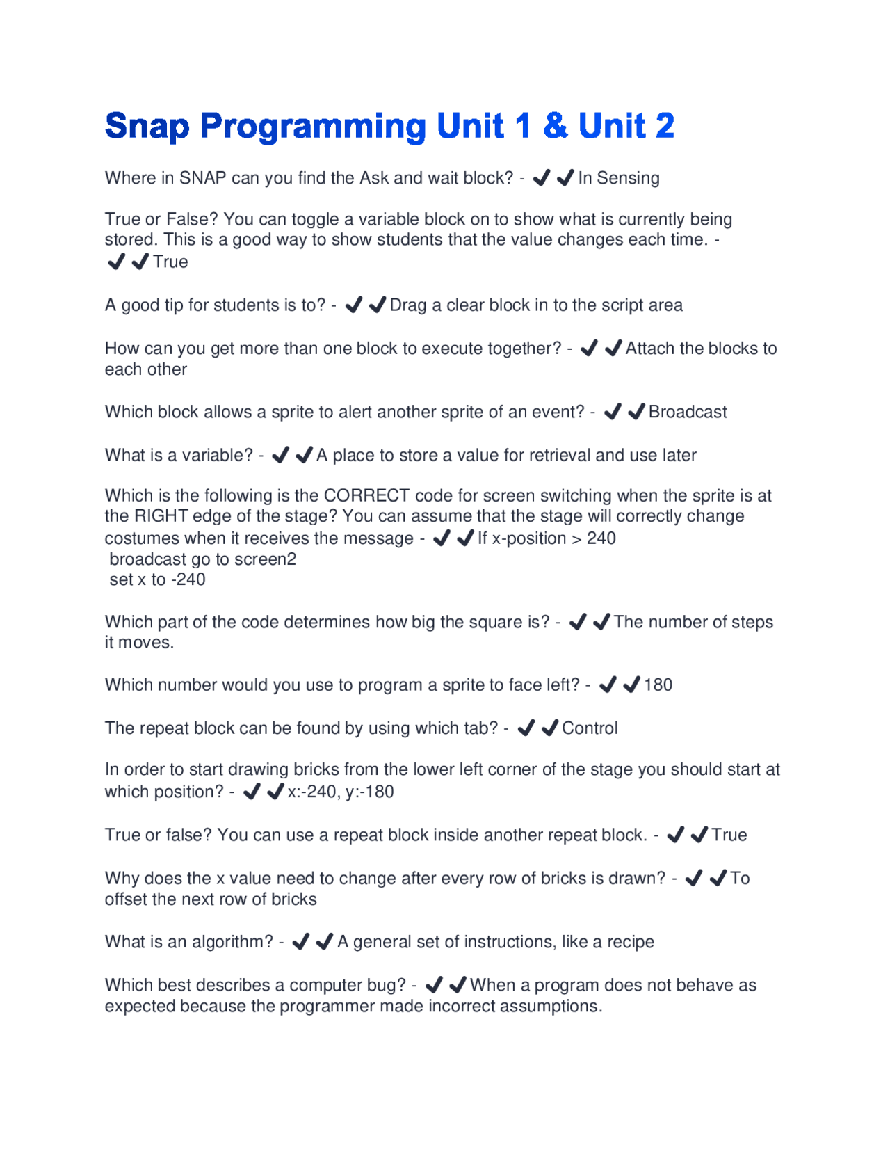 SNAP Programming: Unit 1 & Unit 2 Exercises and Questions | Exams ...