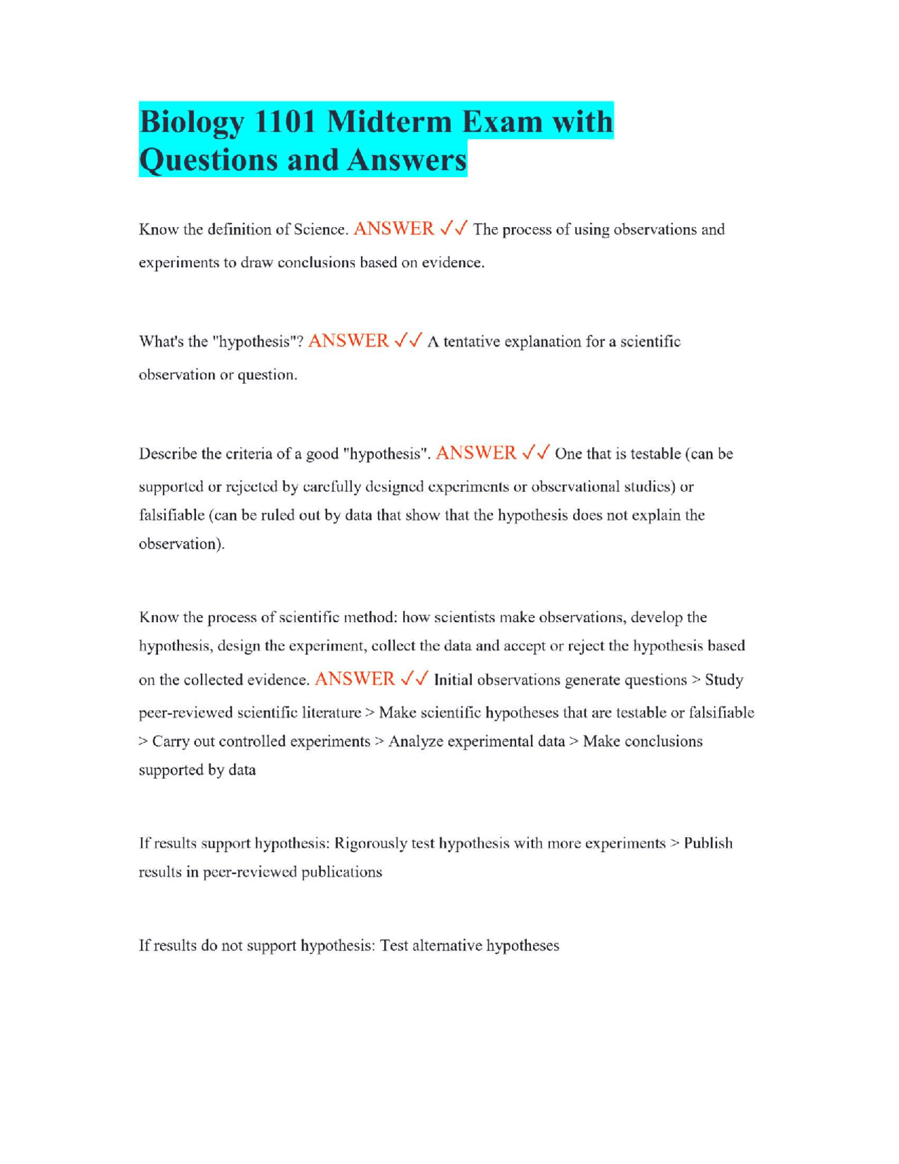 Biology 1101 Midterm Exam with Questions and Answers | Exams Biology ...