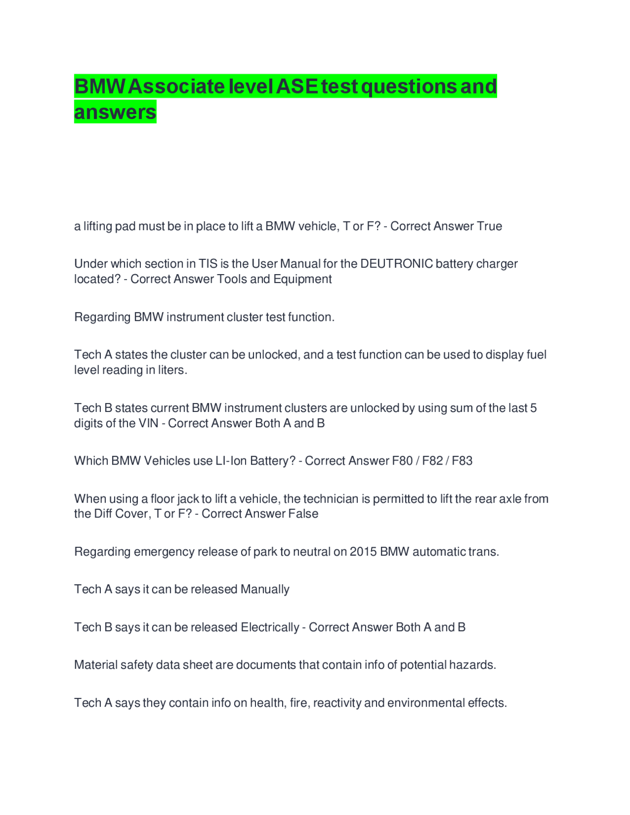 BMW Associate level ASE test questions and answers | Exams Mechanical ...