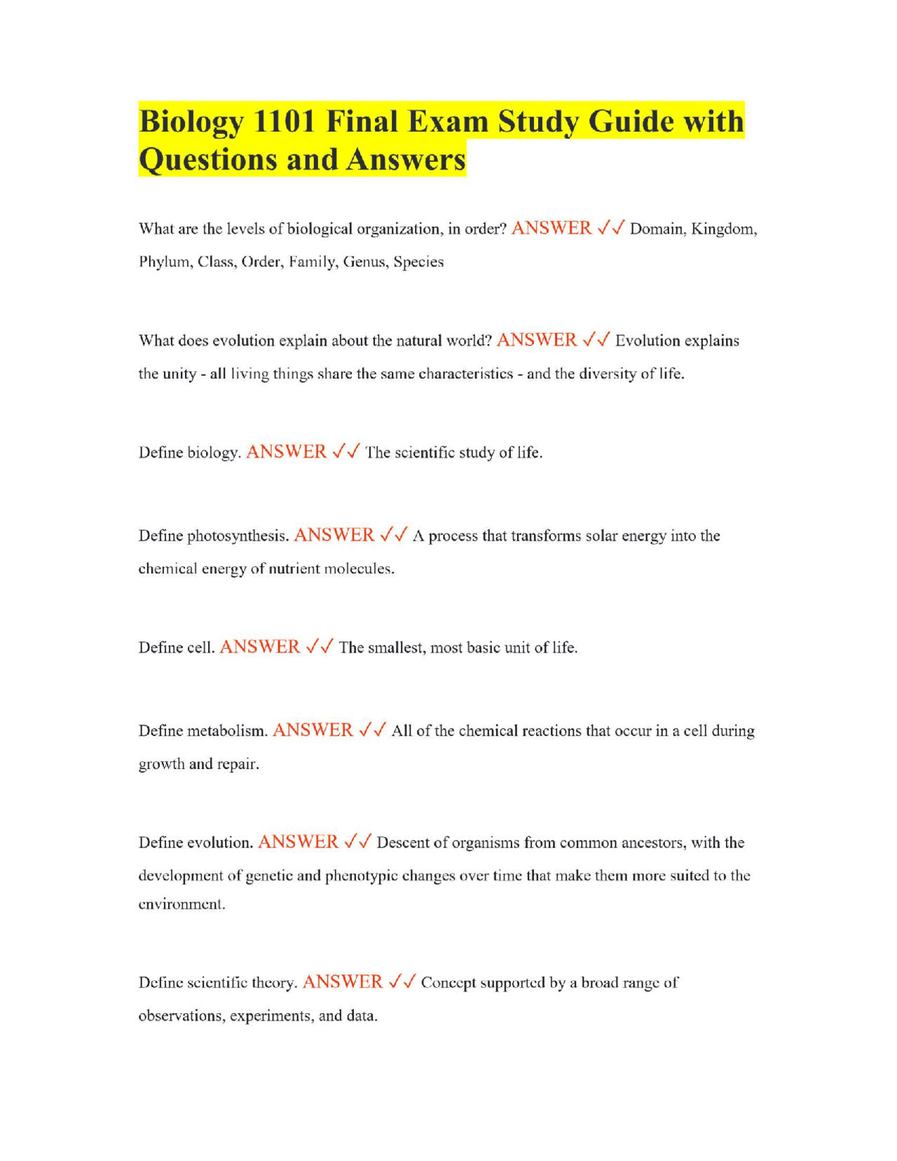 Biology 1101 Final Exam Study Guide with Questions and Answers | Exams ...