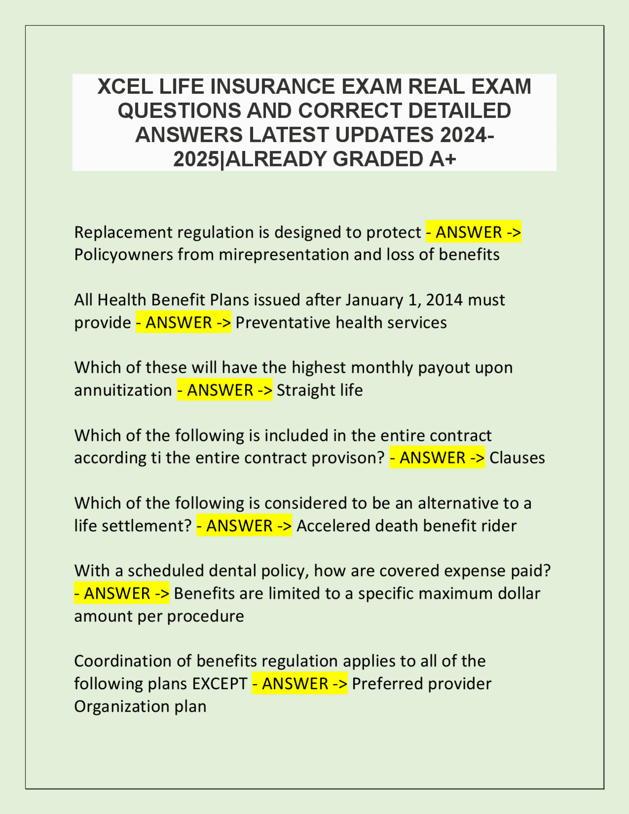 XCEL Life Insurance Exam: Questions and Answers | Exams Insurance law ...